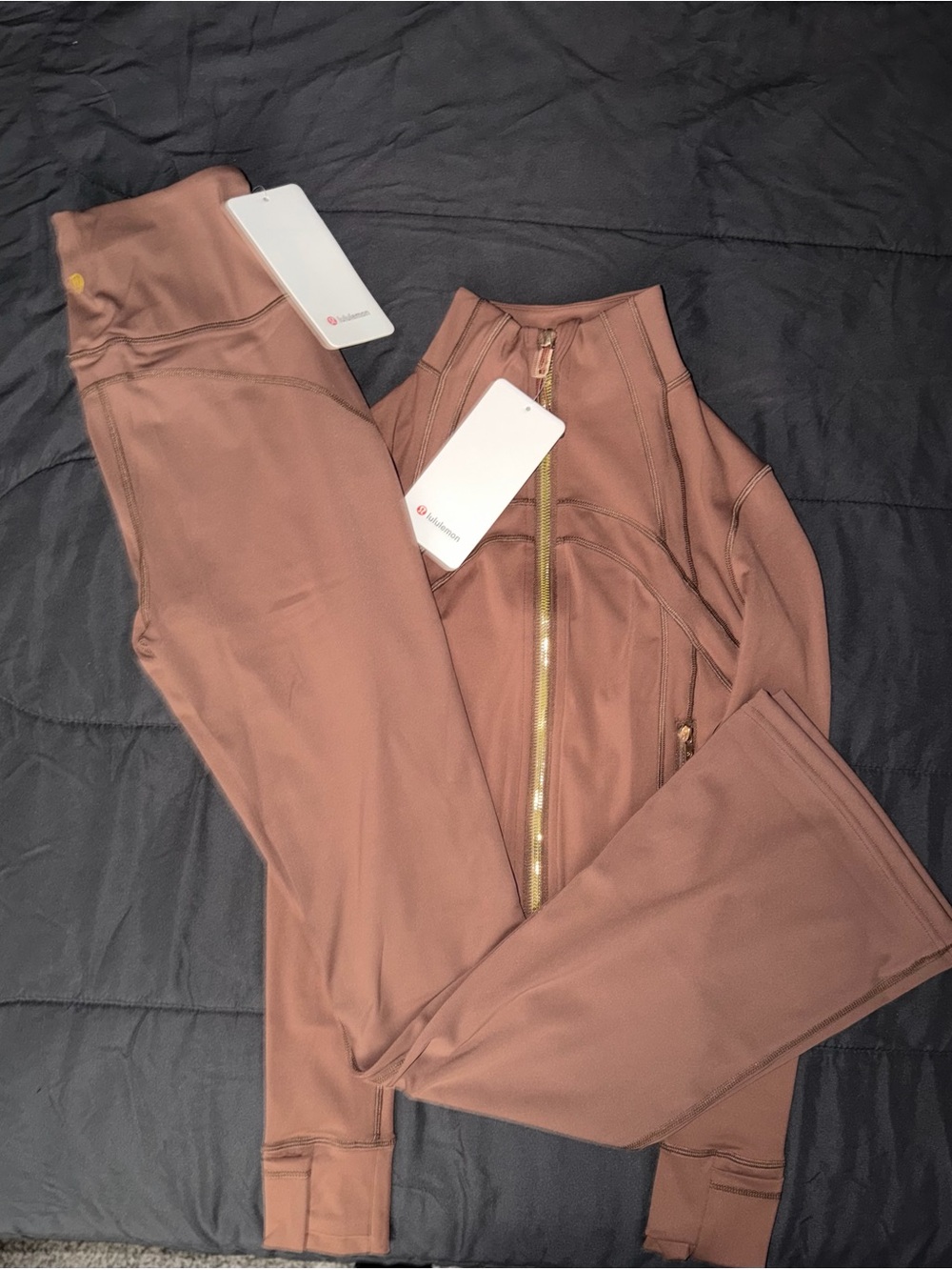 lululemon athletica Brown Zip-set jacket/leggings Flared with Gold Zipper